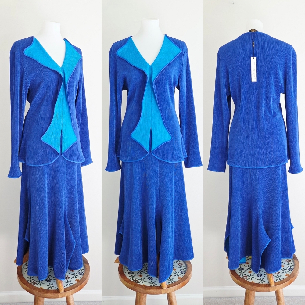 Jerry T New York Plisse Non-wrinkle Art To Wear midi Skirt Top Set XL Royal Blue